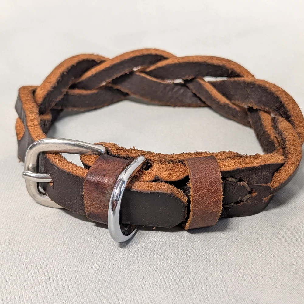 Braided Brown Leather Dog Collar with Silver Buckle (Small Dog)
